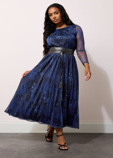 Yours London Curve Blue Animal Print Mesh Maxi Dress With Belt