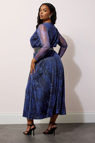 Yours London Curve Blue Animal Print Mesh Maxi Dress With Belt
