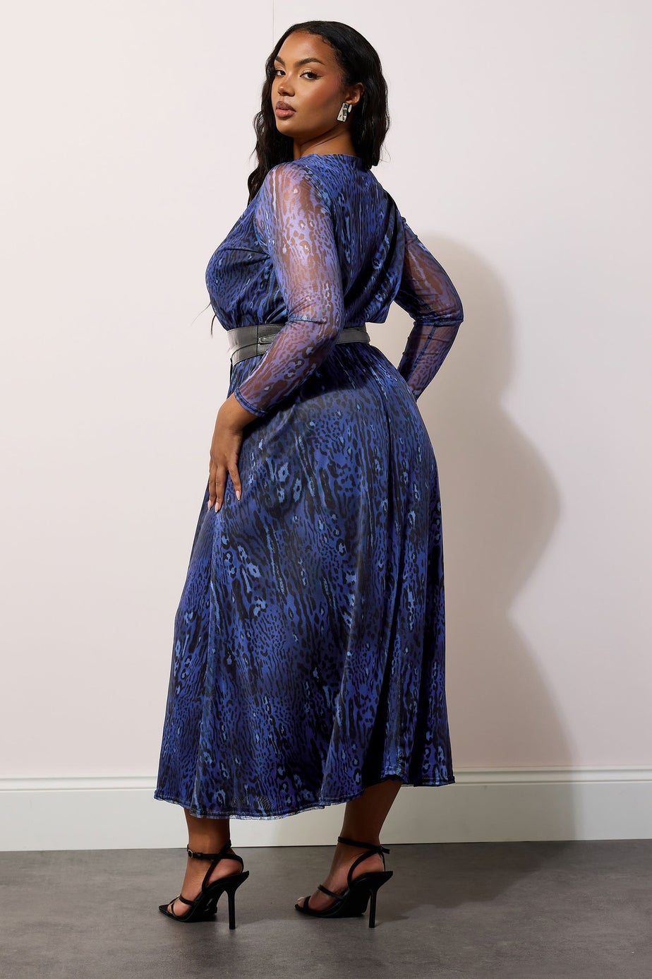 Yours London Curve Blue Animal Print Mesh Maxi Dress With Belt
