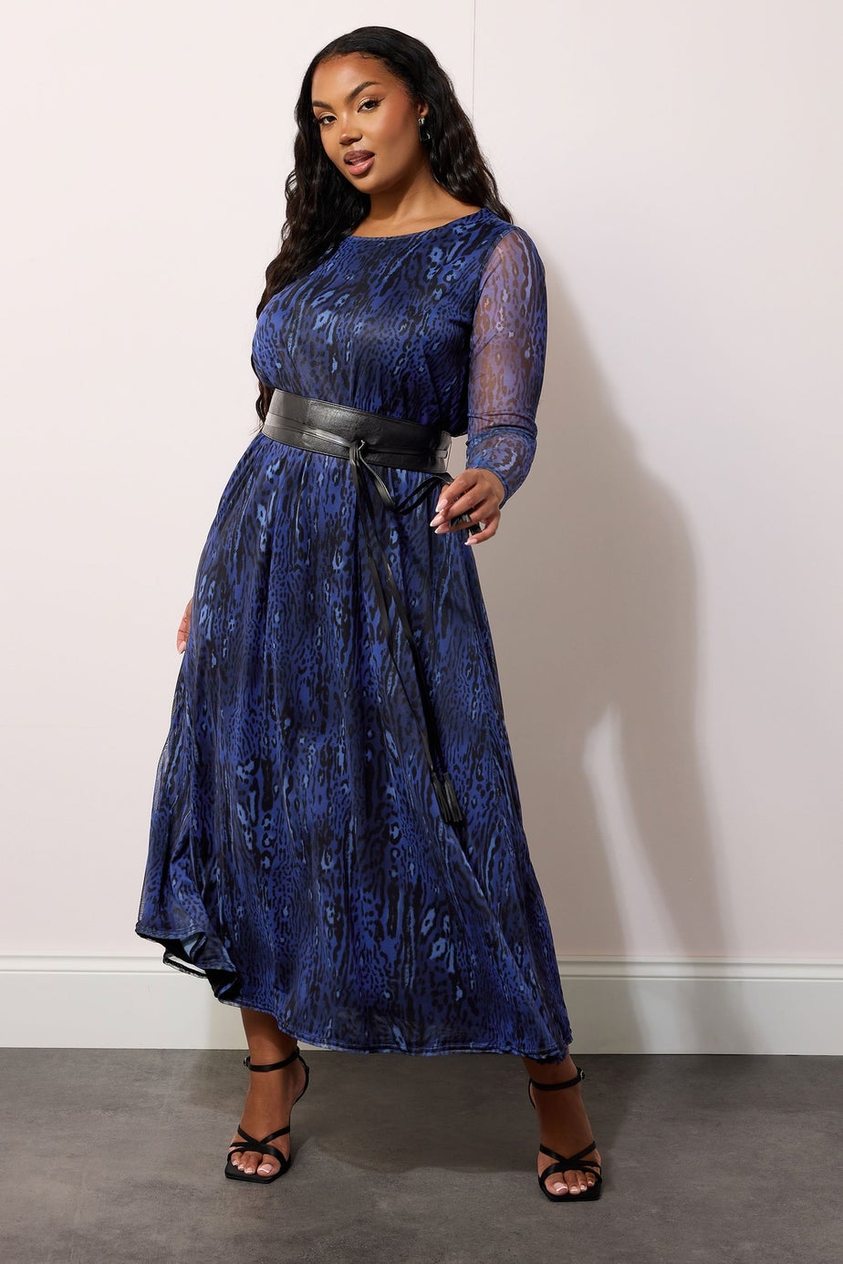 Yours London Curve Blue Animal Print Mesh Maxi Dress With Belt