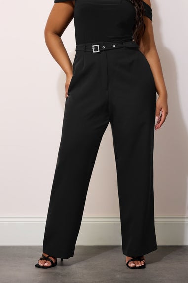 Yours London Curve Black Premium High Waisted Belted Wide Leg Trousers