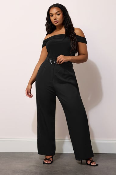 Yours London Curve Black Premium High Waisted Belted Wide Leg Trousers