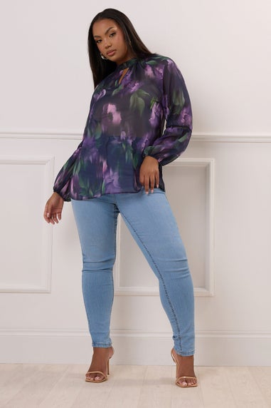 YOURS LONDON Curve Purple Floral Crochet Trim Blouse