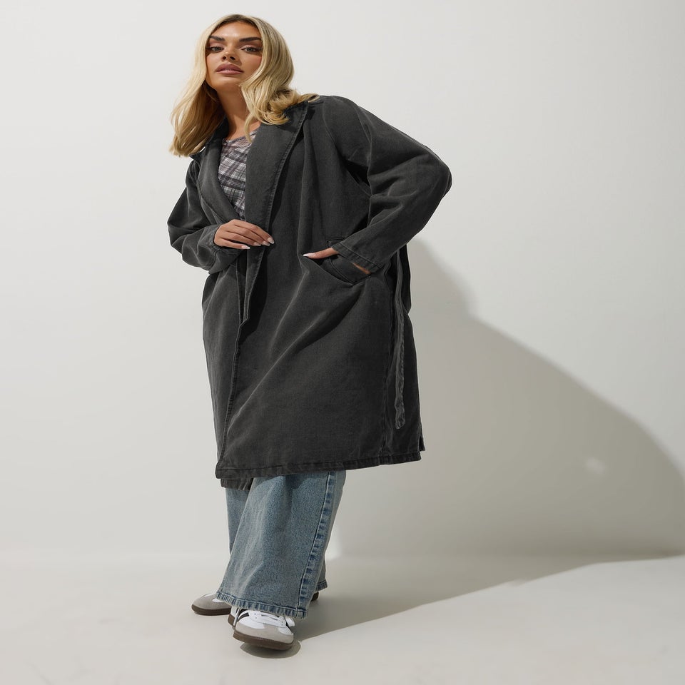 Yours Limited Collection Curve Black Washed Belted Denim Trench Coat
