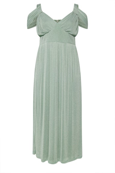 Yours London Curve Sage Green Metallic Cold Shoulder Maxi Mesh Dress