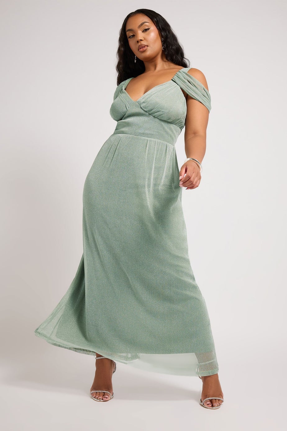 Yours London Curve Sage Green Metallic Cold Shoulder Maxi Mesh Dress