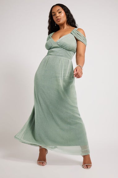 Yours London Curve Sage Green Metallic Cold Shoulder Maxi Mesh Dress