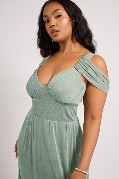 Yours London Curve Sage Green Metallic Cold Shoulder Maxi Mesh Dress
