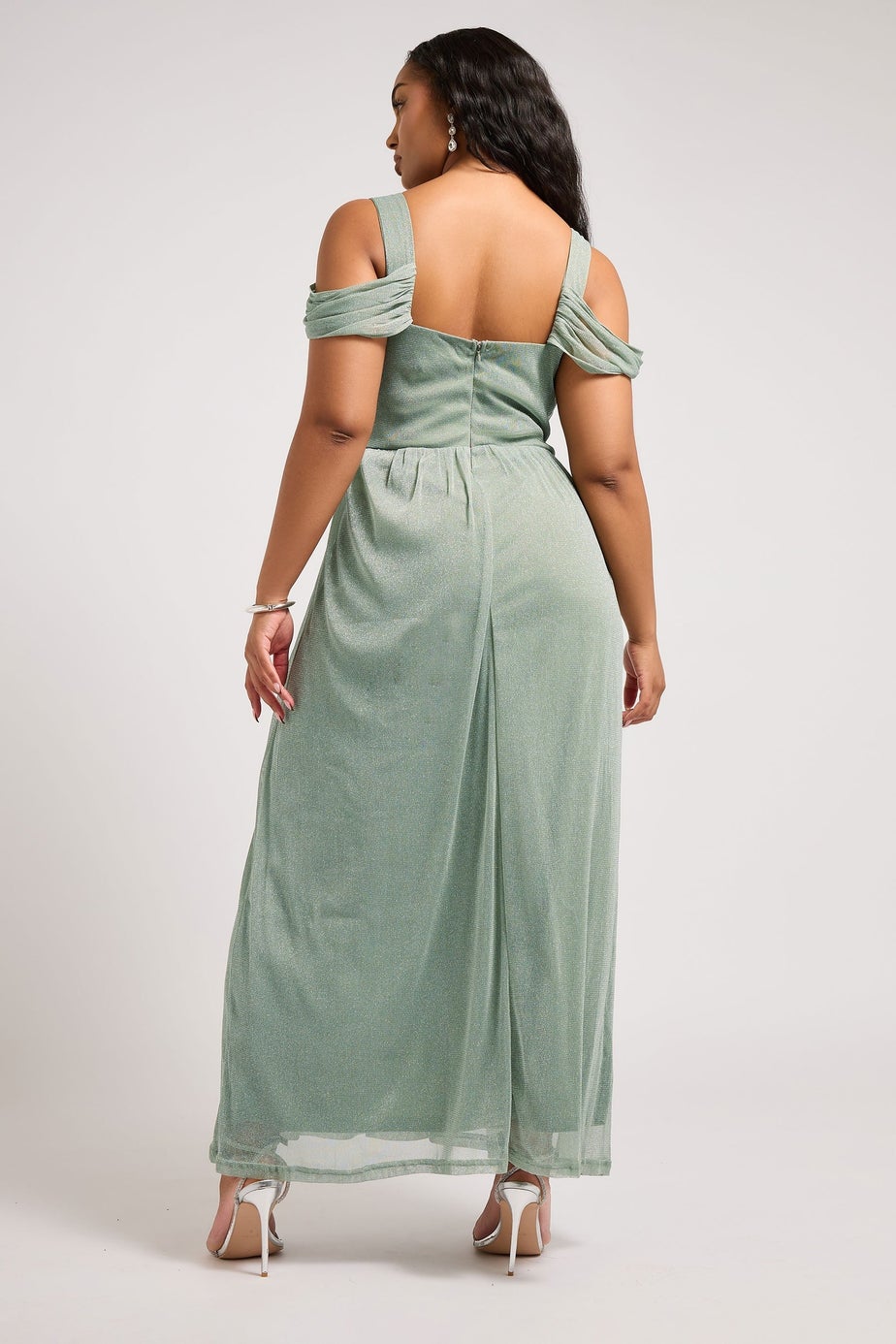 Yours London Curve Sage Green Metallic Cold Shoulder Maxi Mesh Dress