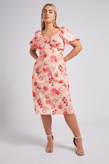 Yours London Curve Pink Floral Print Puff Sleeve Midaxi Dress