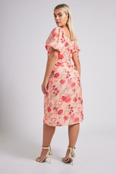 Yours London Curve Pink Floral Print Puff Sleeve Midaxi Dress