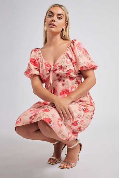 Yours London Curve Pink Floral Print Puff Sleeve Midaxi Dress