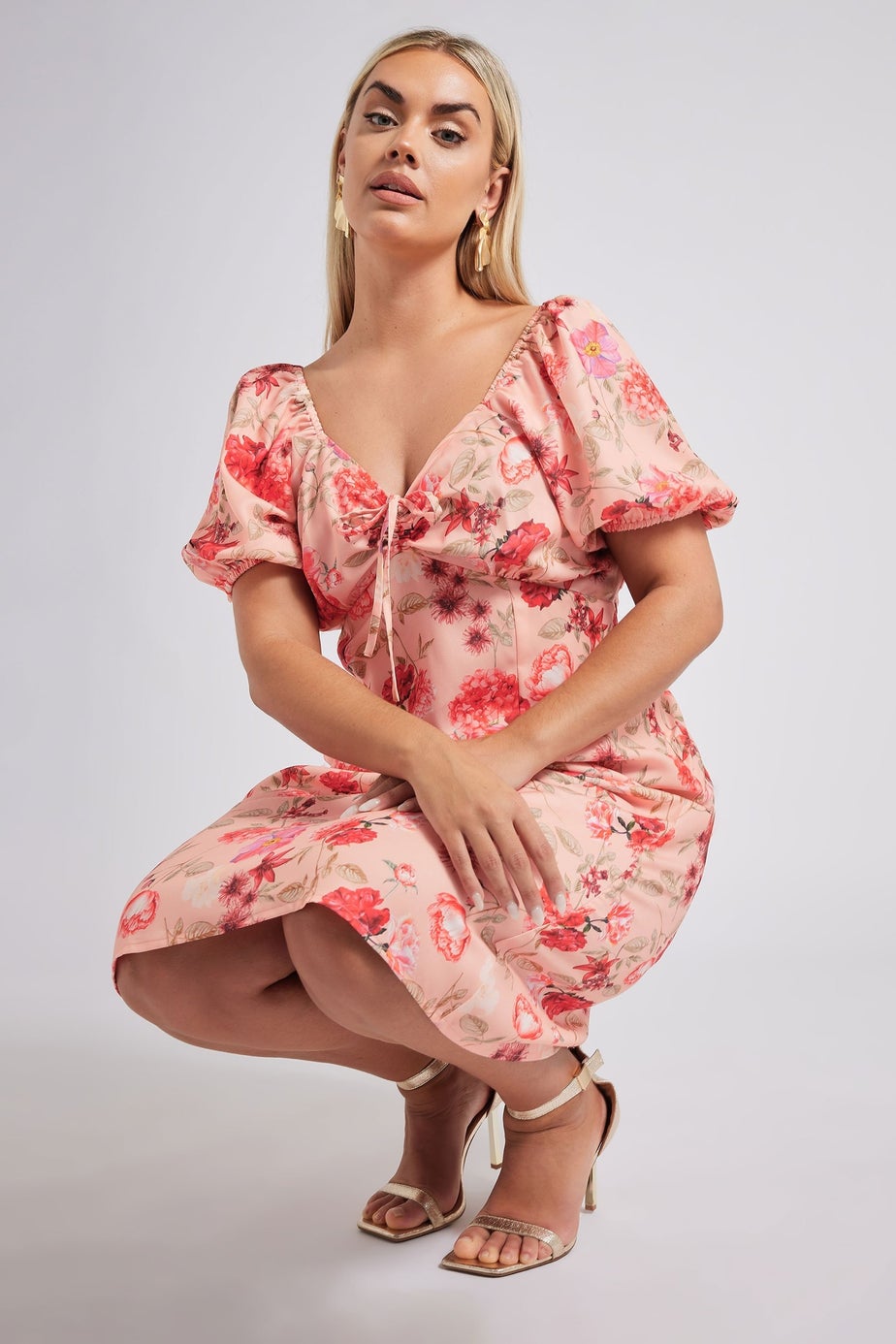 Yours London Curve Pink Floral Print Puff Sleeve Midaxi Dress