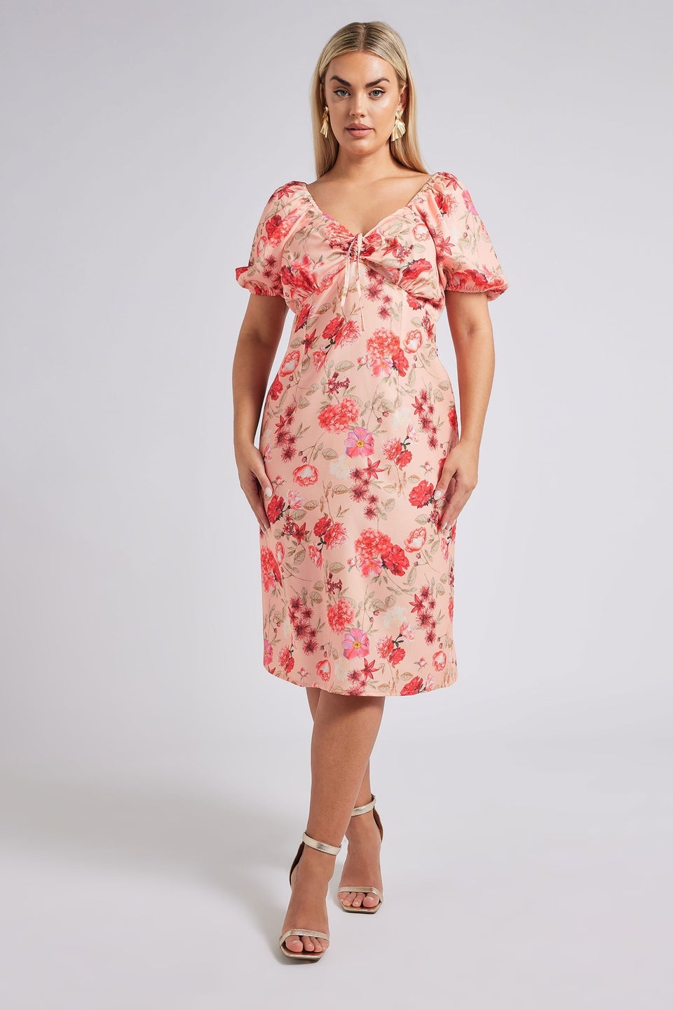 Yours London Curve Pink Floral Print Puff Sleeve Midaxi Dress