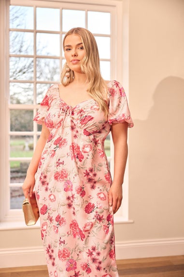 Yours London Curve Pink Floral Print Puff Sleeve Midaxi Dress