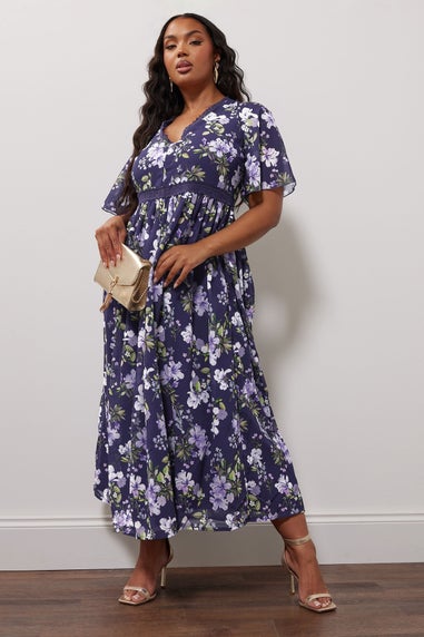 Yours London Curve Navy Blue Floral Crochet Lace V-Neck Midaxi Dress
