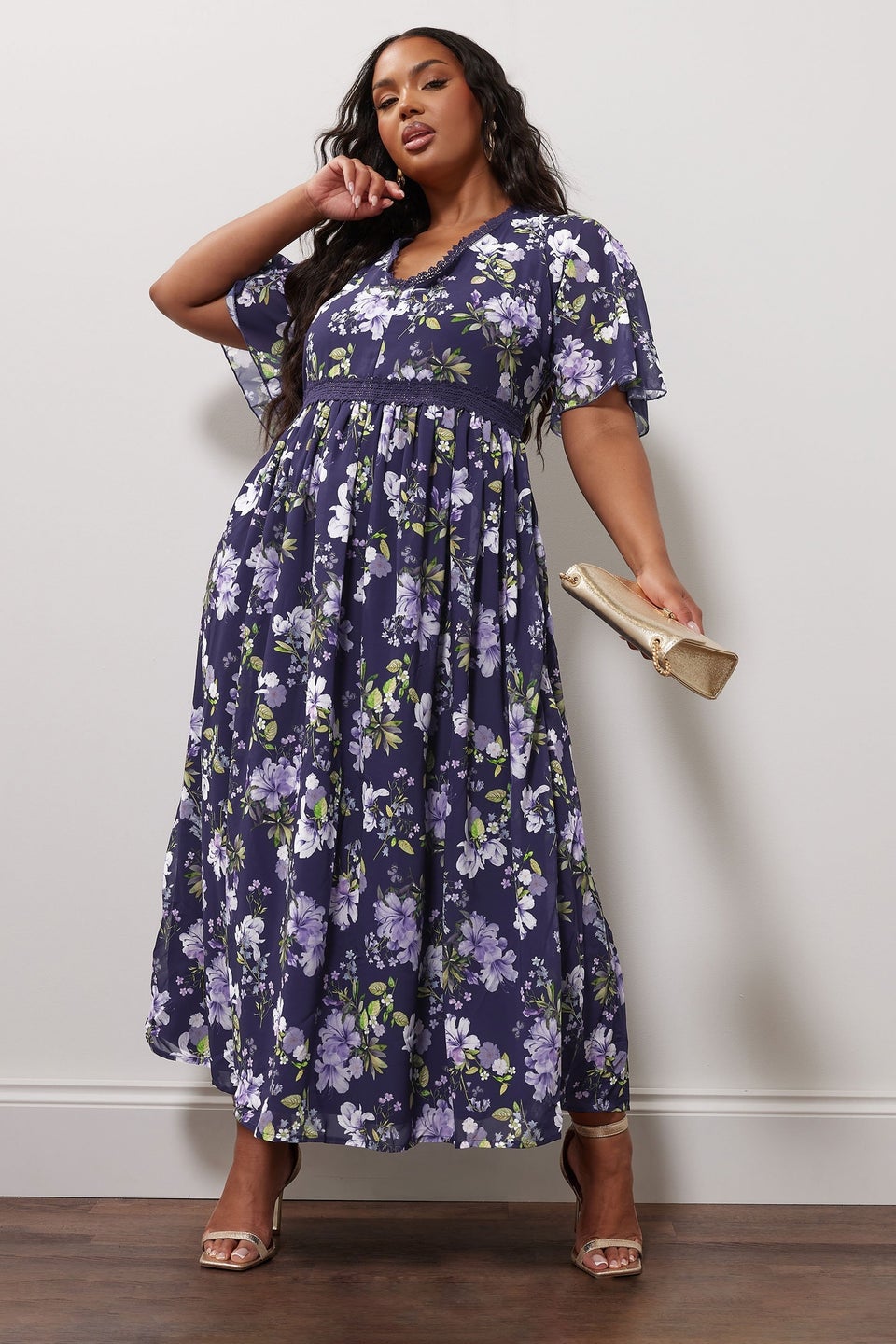 Yours London Curve Navy Blue Floral Crochet Lace V-Neck Midaxi Dress