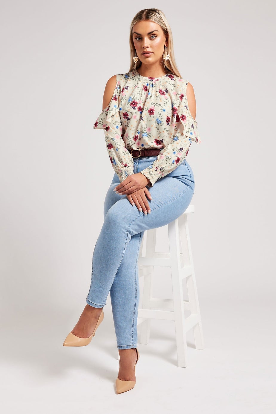 YOURS LONDON Curve Cream Floral Cold Shoulder Blouse