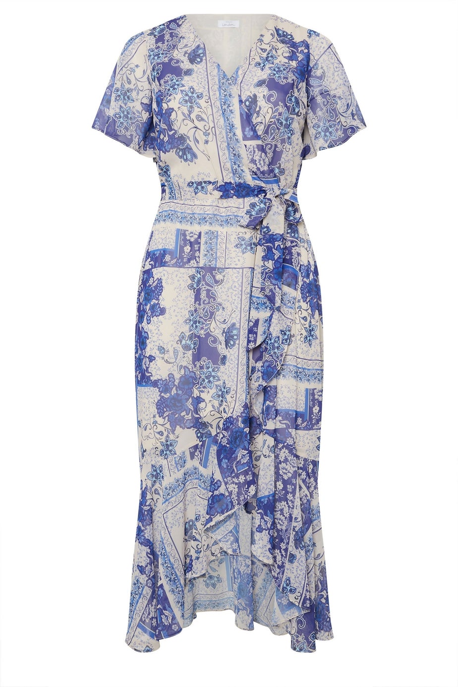 Yours London Curve Blue Scarf Print Ruffle Wrap Dress