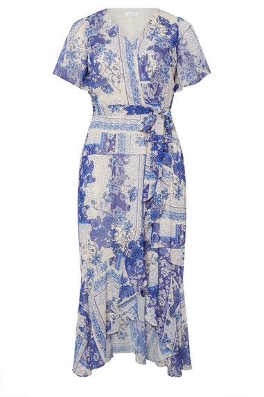 Yours London Curve Blue Scarf Print Ruffle Wrap Dress