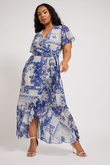 Yours London Curve Blue Scarf Print Ruffle Wrap Dress