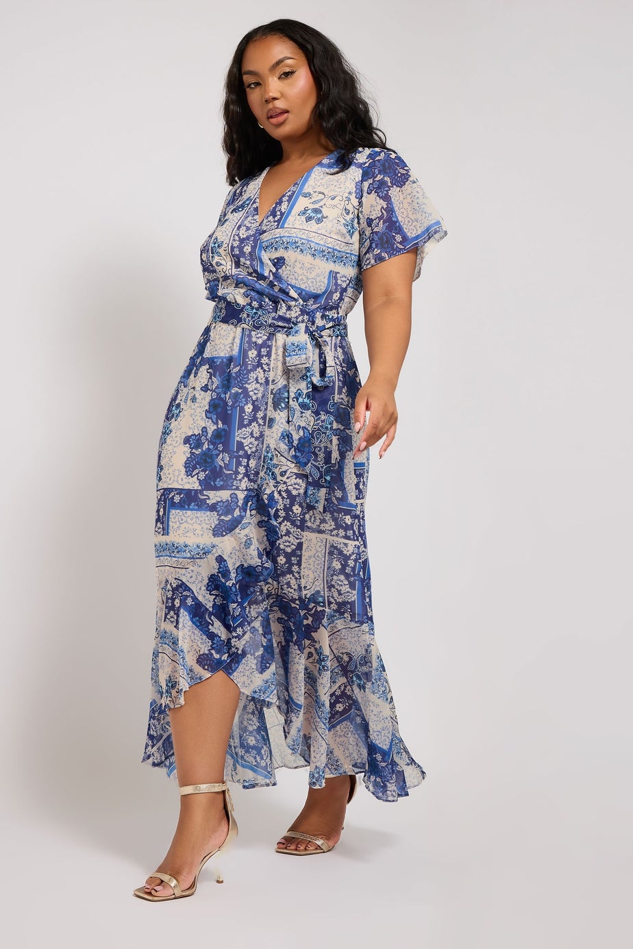 Yours London Curve Blue Scarf Print Ruffle Wrap Dress
