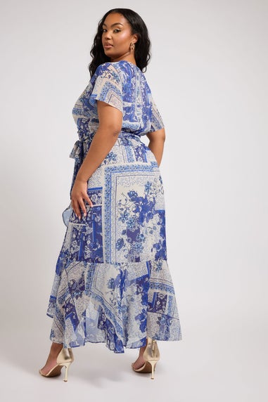 Yours London Curve Blue Scarf Print Ruffle Wrap Dress