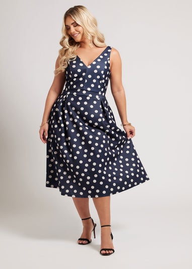 Yours London Curve Navy Blue Polka Dot Pleated Midi Dress