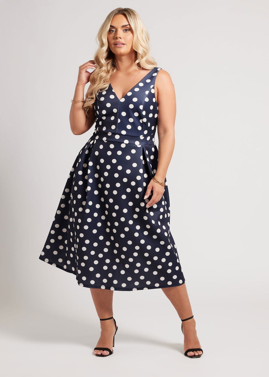 Yours London Curve Navy Blue Polka Dot Pleated Midi Dress