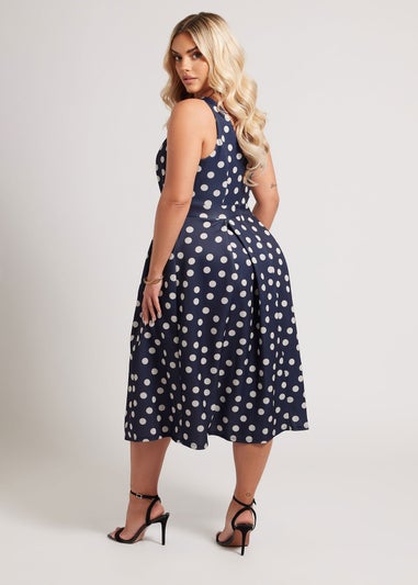 Yours London Curve Navy Blue Polka Dot Pleated Midi Dress