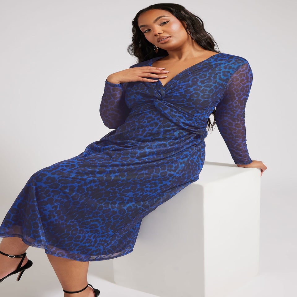 Yours London Curve Blue Animal Print Twist Front Midaxi Dress