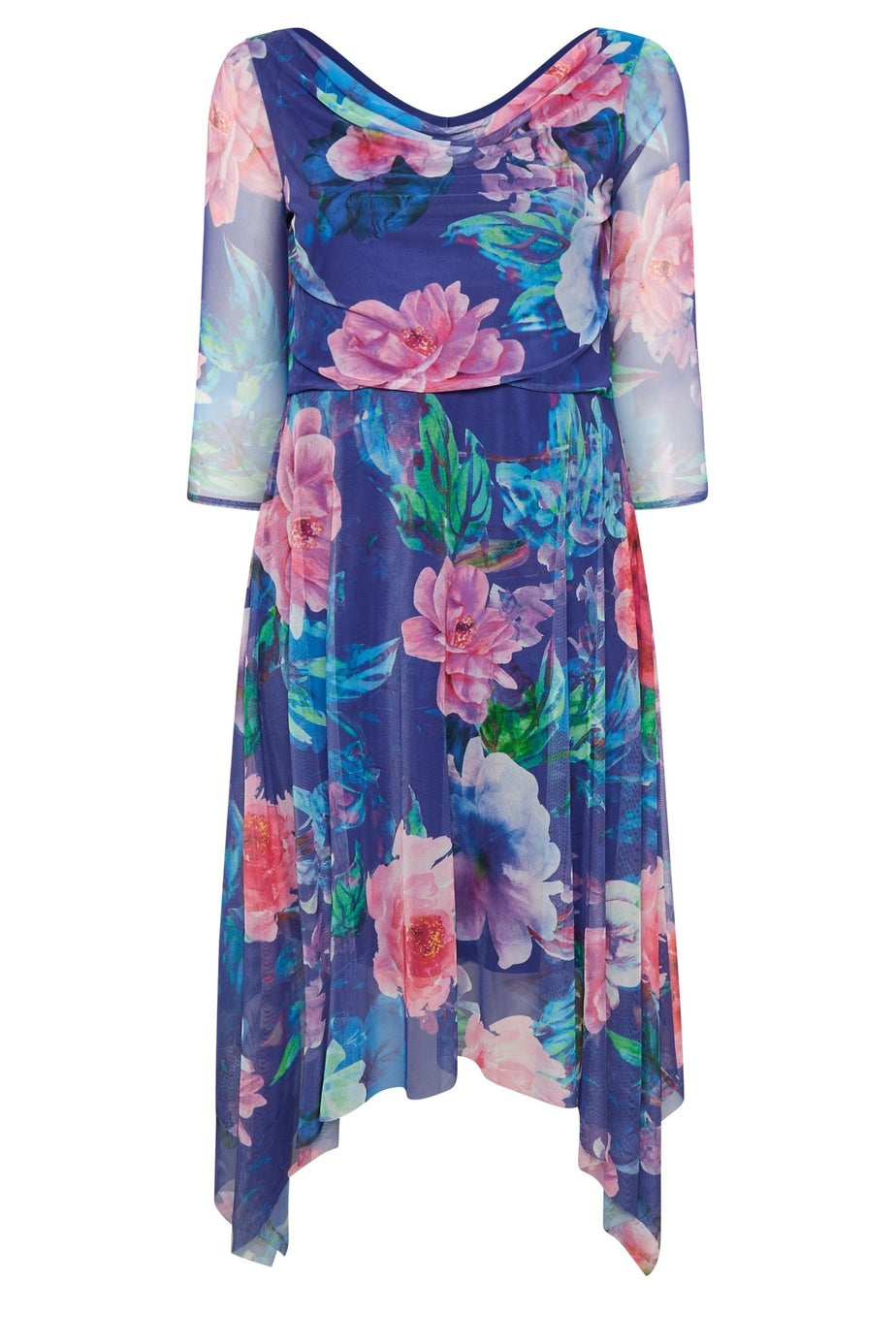 Yours London Curve Blue Floral Asymmetric Cowl Neck Mesh Dress