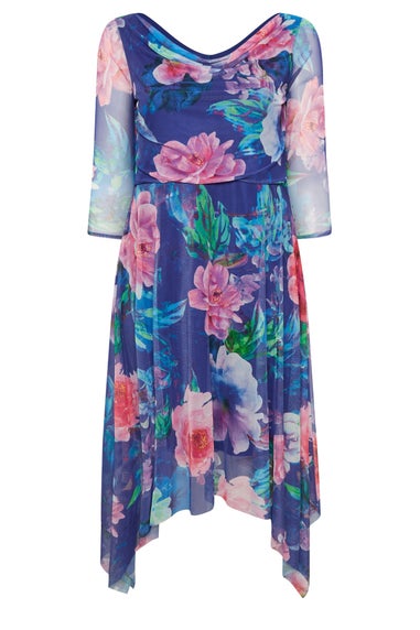 Yours London Curve Blue Floral Asymmetric Cowl Neck Mesh Dress
