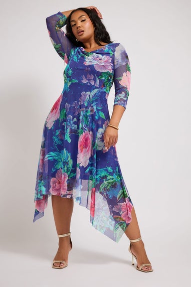 Yours London Curve Blue Floral Asymmetric Cowl Neck Mesh Dress