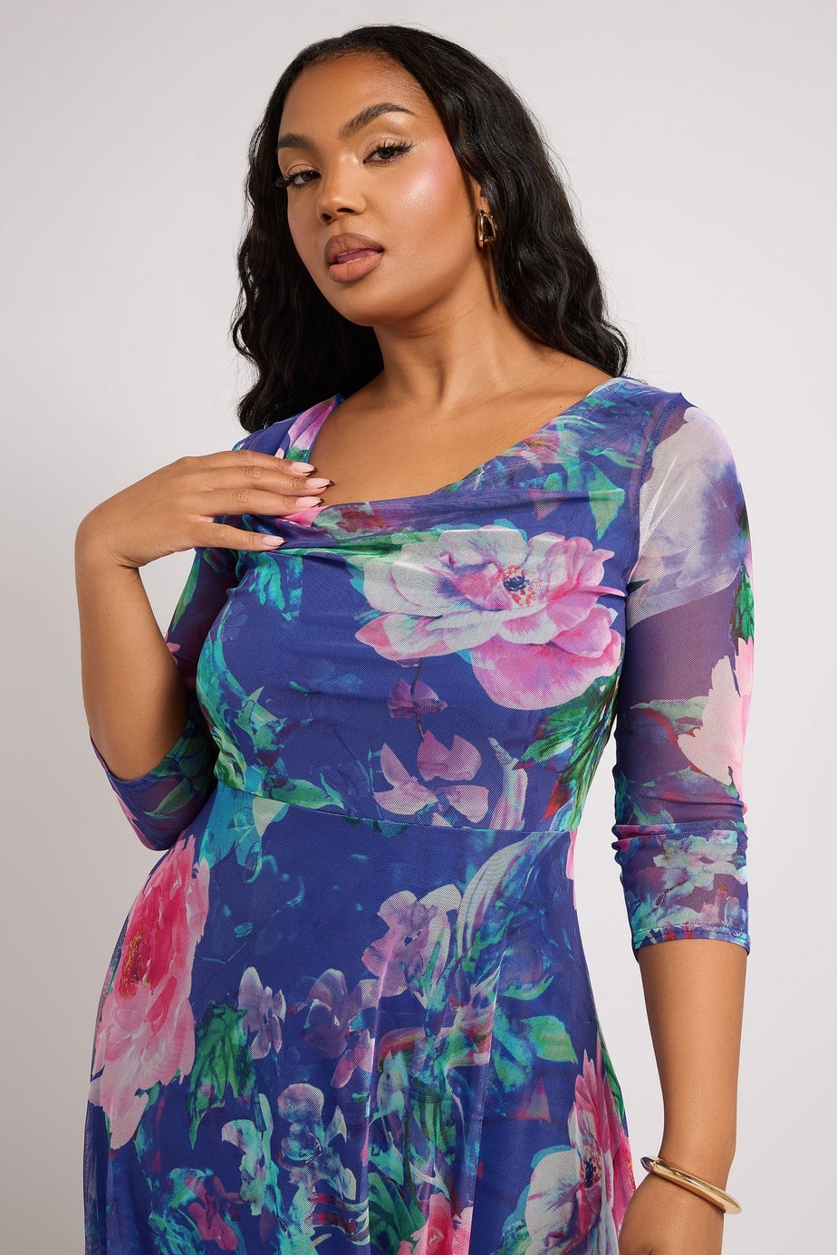 Yours London Curve Blue Floral Asymmetric Cowl Neck Mesh Dress