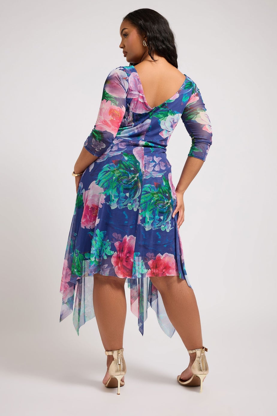Yours London Curve Blue Floral Asymmetric Cowl Neck Mesh Dress