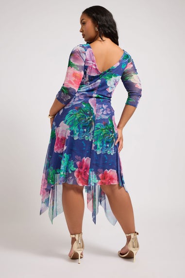 Yours London Curve Blue Floral Asymmetric Cowl Neck Mesh Dress