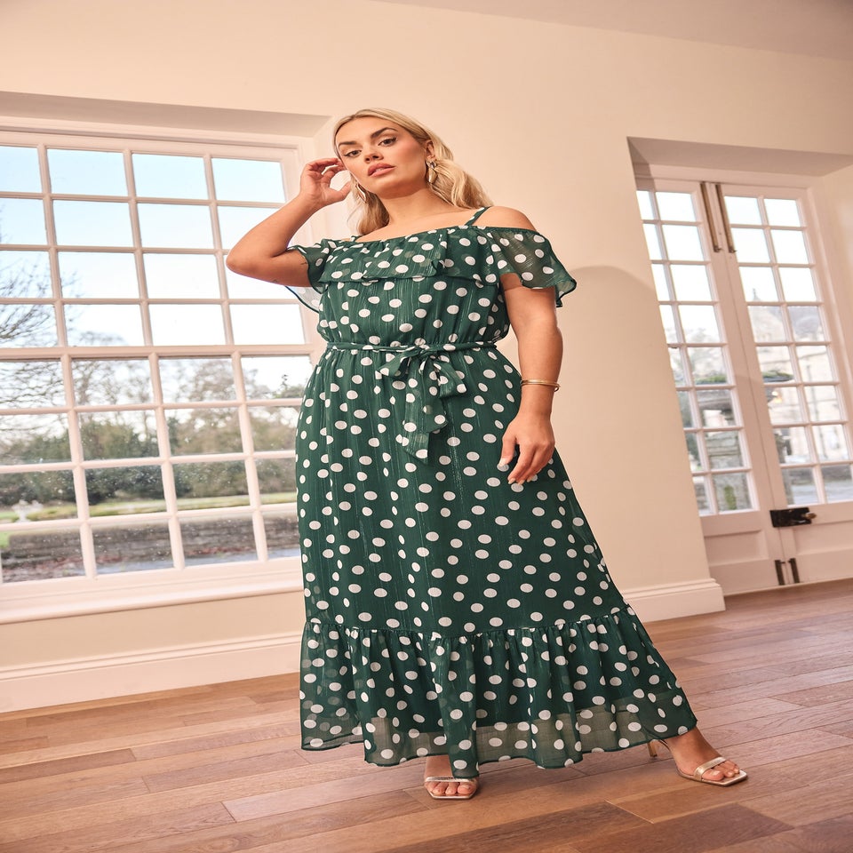 Yours London Curve Dark Green Polka Dot Metallic Maxi Dress