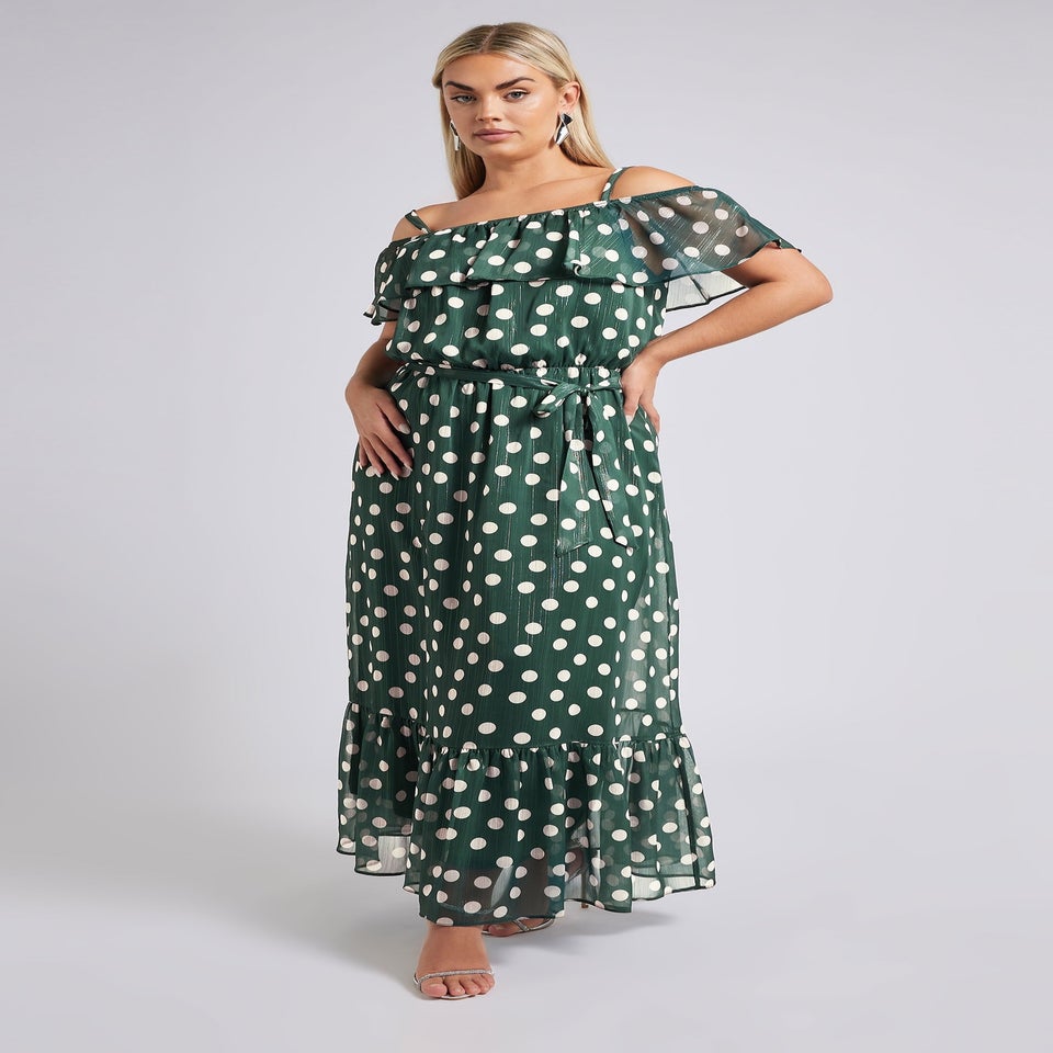 Yours London Curve Dark Green Polka Dot Metallic Maxi Dress