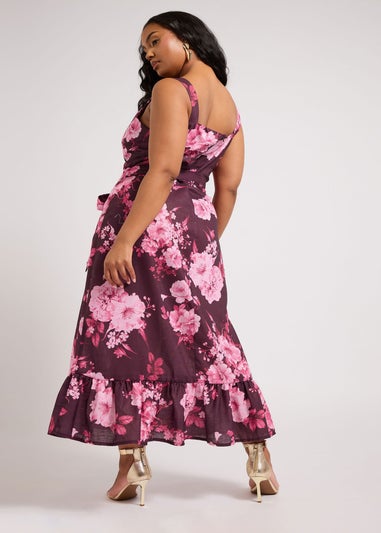 Yours London Curve Purple Floral Print Linen Look Dress
