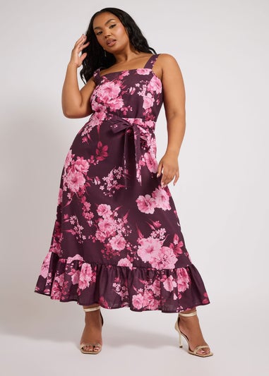 Yours London Curve Purple Floral Print Linen Look Dress