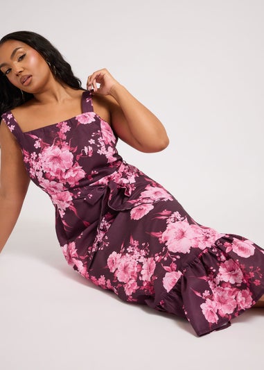 Yours London Curve Purple Floral Print Linen Look Dress