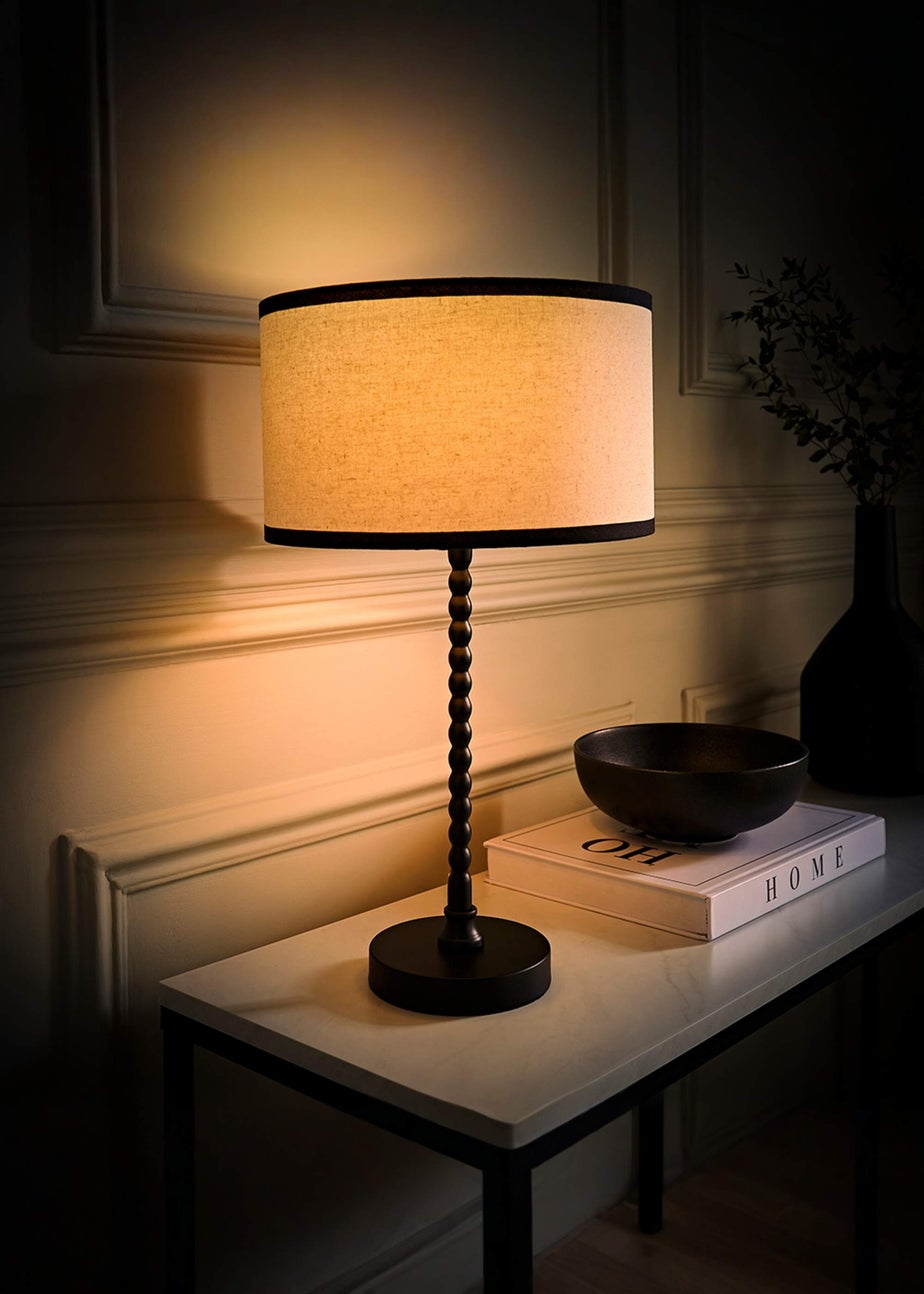 ValueLights Maeve Black Bobbin Table Lamp Linen Black Trim Shade