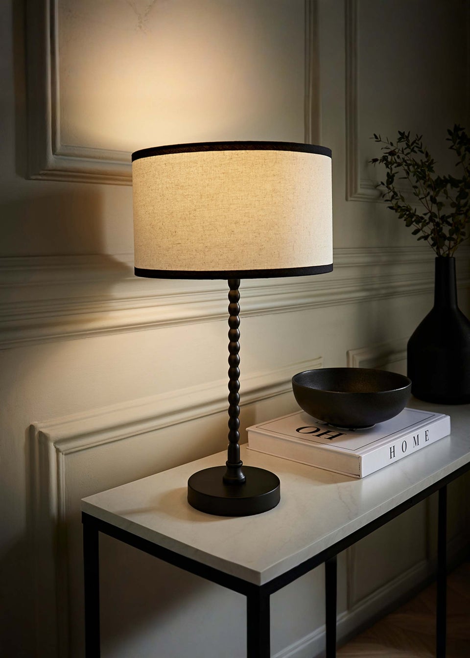 ValueLights Maeve Black Bobbin Table Lamp Linen Black Trim Shade