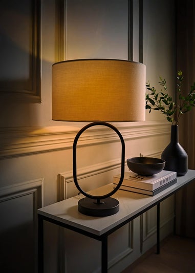 ValueLights Antonia Matte Black Oval Table Lamp Natural Lampshade