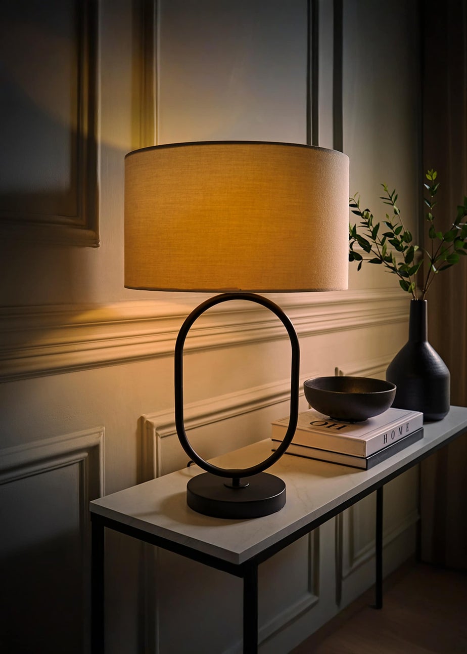 ValueLights Antonia Matte Black Oval Table Lamp Natural Lampshade