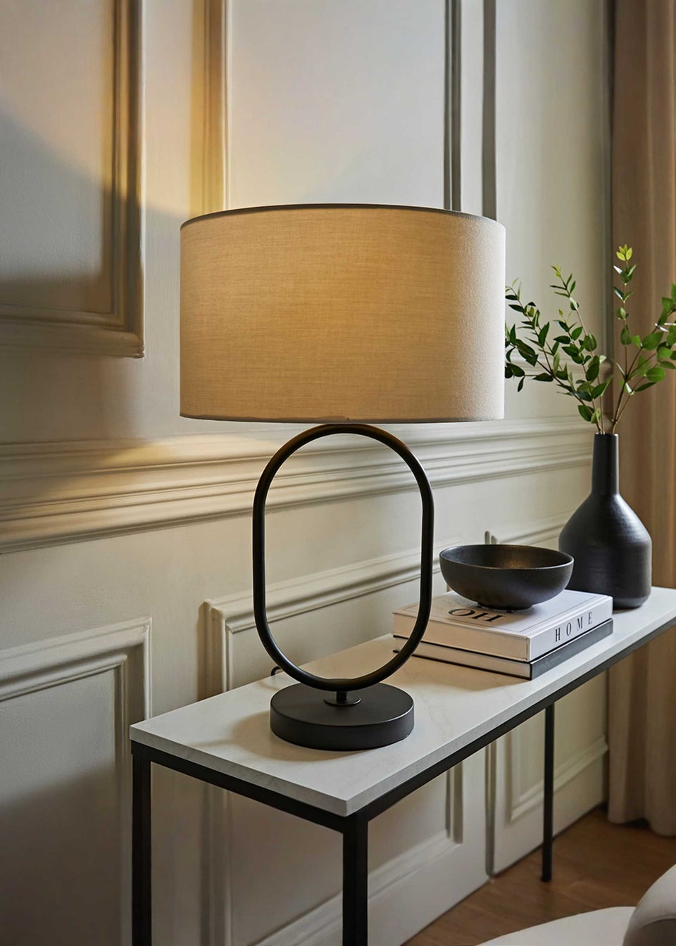 ValueLights Antonia Matte Black Oval Table Lamp Natural Lampshade