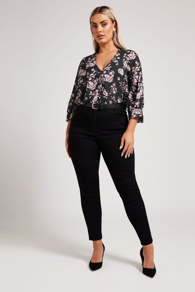 YOURS LONDON Curve Black Floral Print V-Neck Blouse