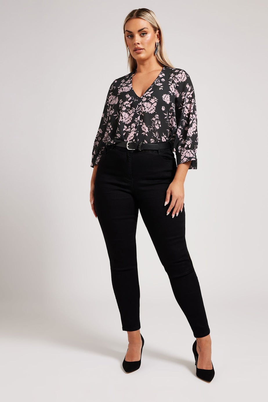 YOURS LONDON Curve Black Floral Print V-Neck Blouse
