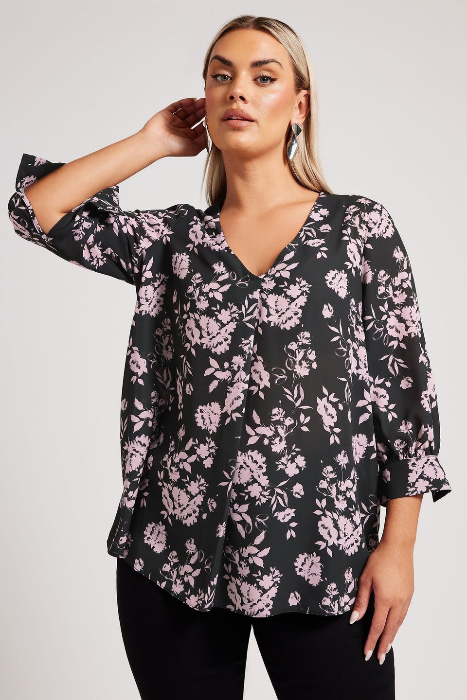 YOURS LONDON Curve Black Floral Print V-Neck Blouse